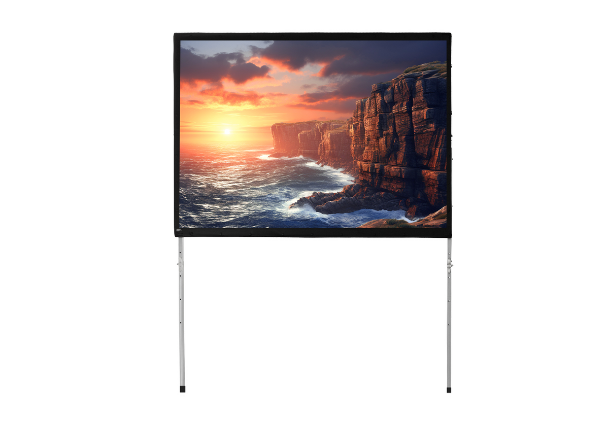 Front View of a fabric for the celexon Folding Frame Projector Screen Mobile Expert, rear projection with a projection showing a sea coast with cliffs at sunset format 4-3