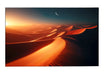 Front view of the celexon HomeCinema UST high contrast framed screen BrightOnyx with a projection of a vast desert landscape with gently rolling, red-golden sand dunes bathed in the warm light of the setting sun, above which a slender moon hangs in a deep blue sky.