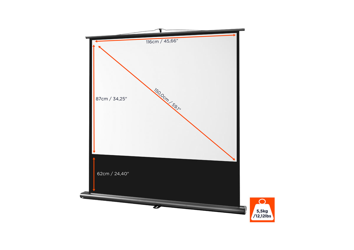 Frontal angled view of the celexon Projector Screen Ultramobile Professional without projection but with screen dimensions indicated