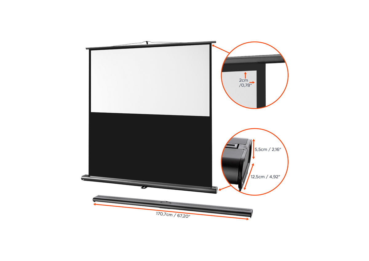 Frontal angled view of the celexon Projector Screen Ultramobile Professional without projection but with a close up of the border and housing, and the folded up screen below