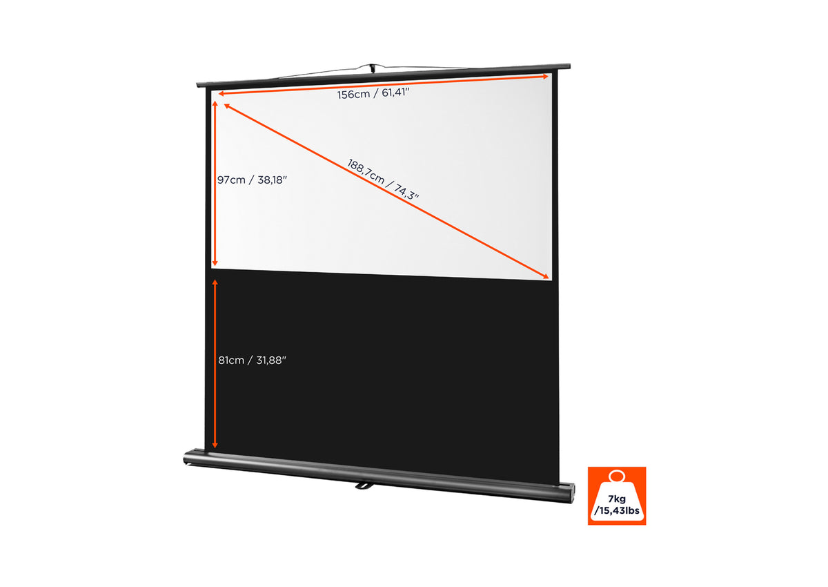 Frontal angled view of the celexon Projector Screen Ultramobile Professional without projection but with screen dimensions indicated