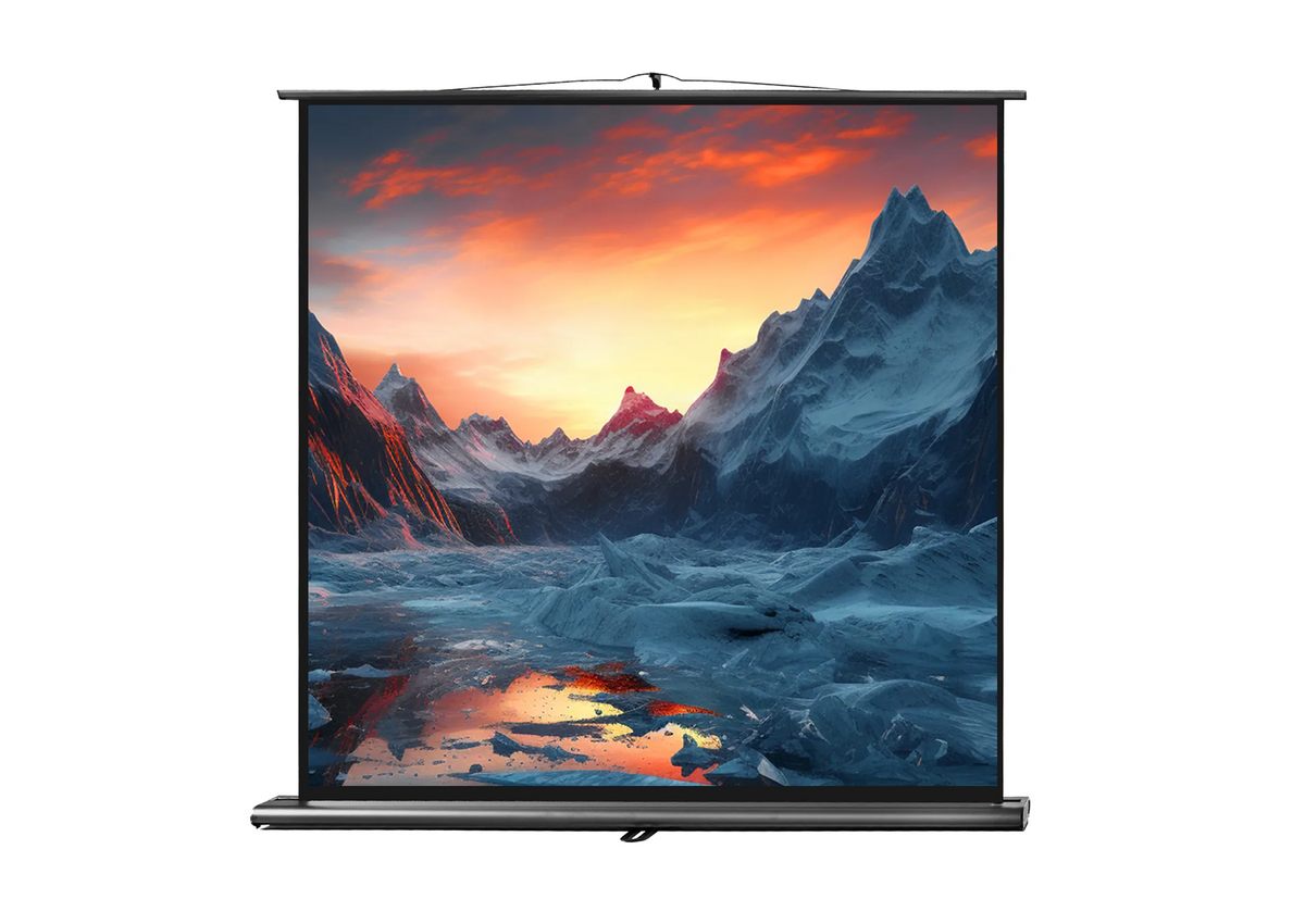 Frontal view of the celexon Projector Screen Ultramobile Professional with a projection showing a Icy mountain landscape