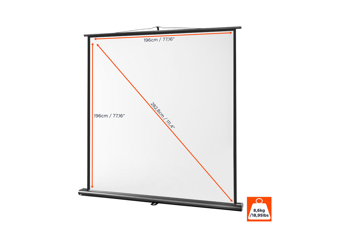 Frontal angled view of the celexon Projector Screen Ultramobile Professional without projection but with screen dimensions indicated