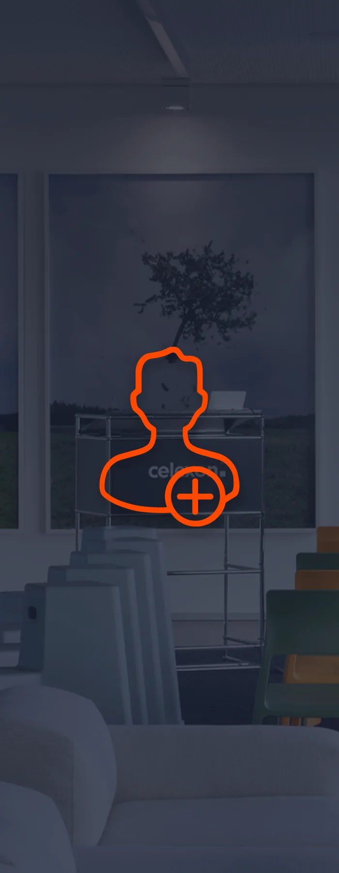 Icon staff with a plus on a business-room background