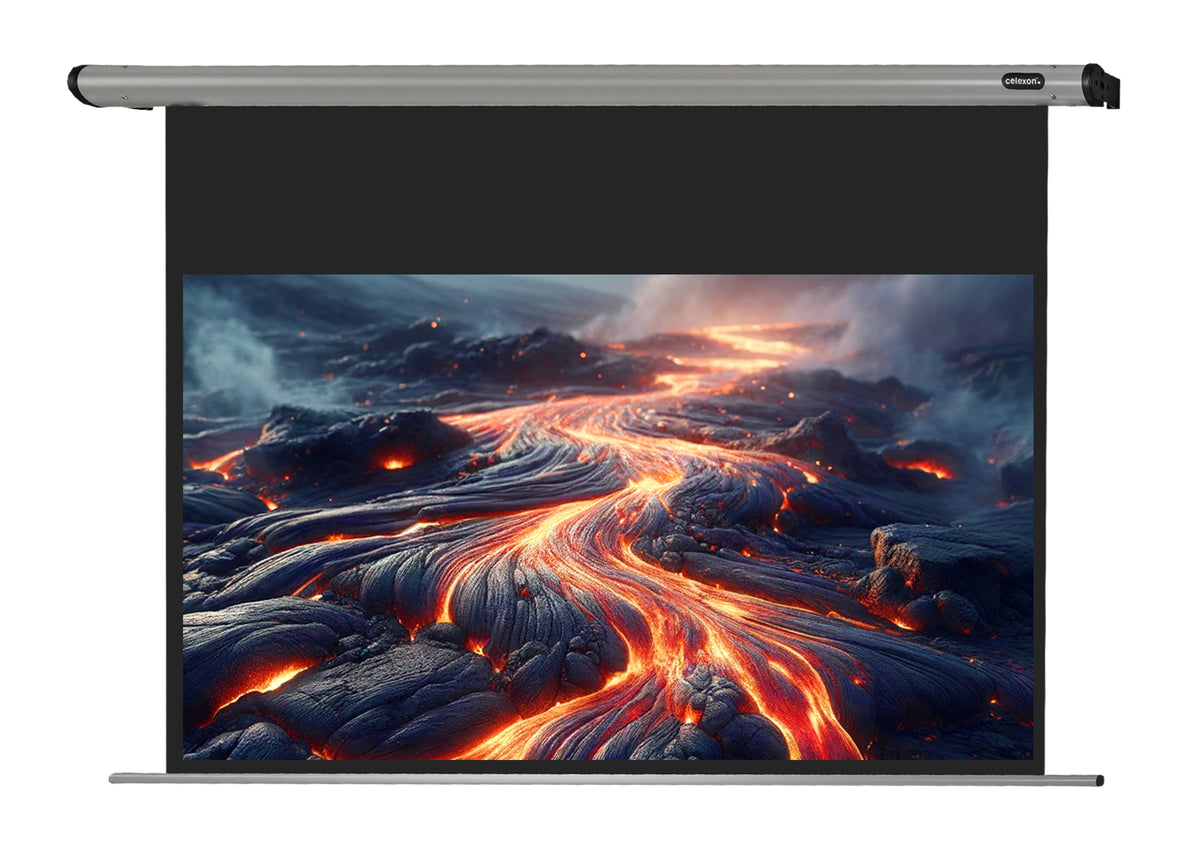 Frontal view of the celexon Projector Screen Electric HomeCinema with a projection showing volcanic rock with lava