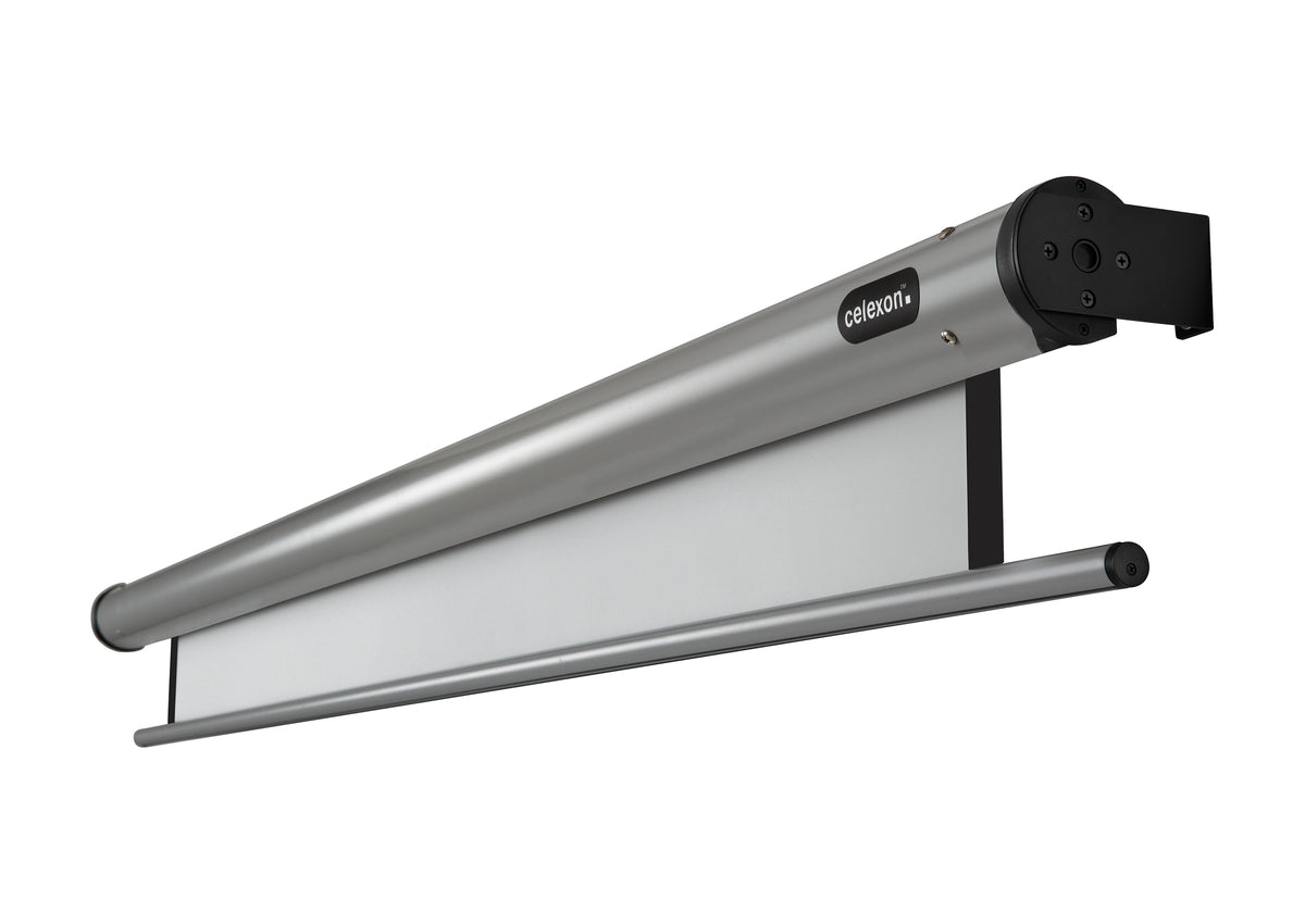 Side front view of the slightly extended celexon Projector screen Electric HomeCinema 