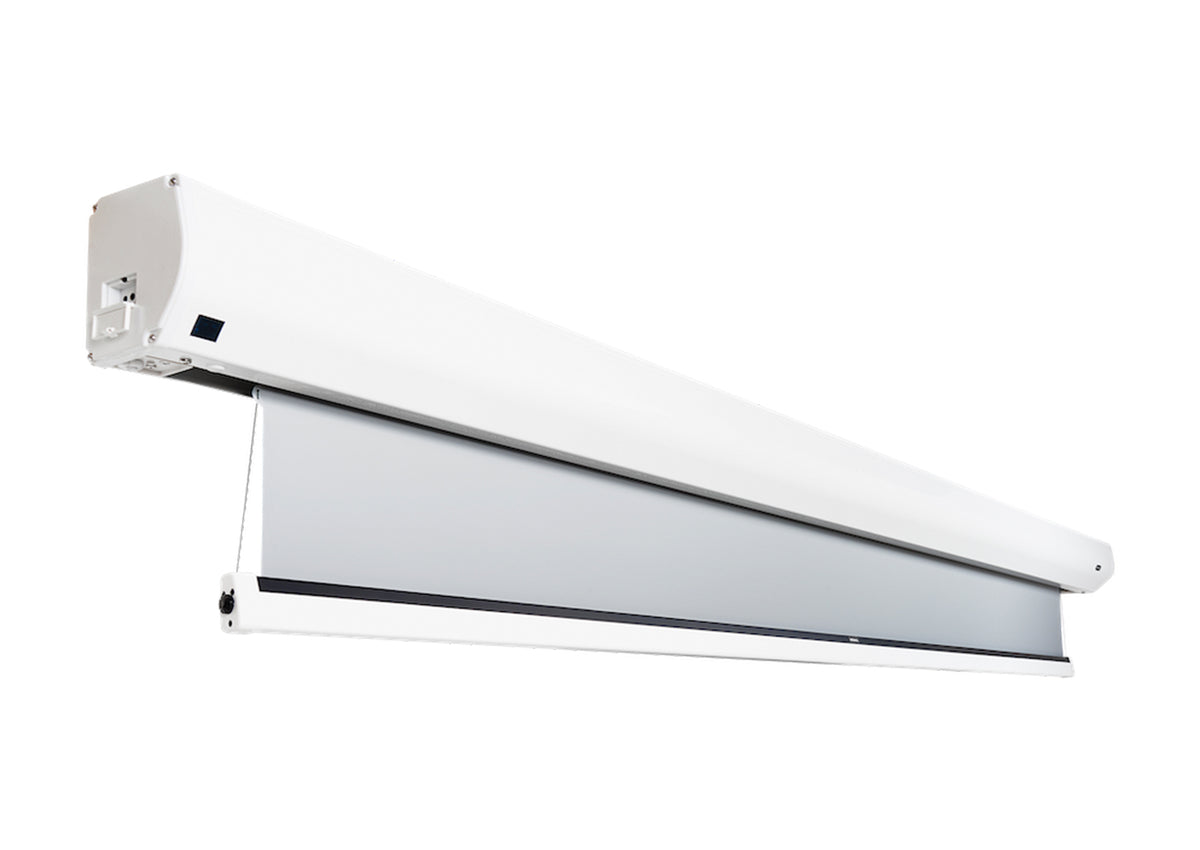 Side front view of the slightly extended celexon Screen Electric HomeCinema Plus Tension Projector Screen - CLR UST in white