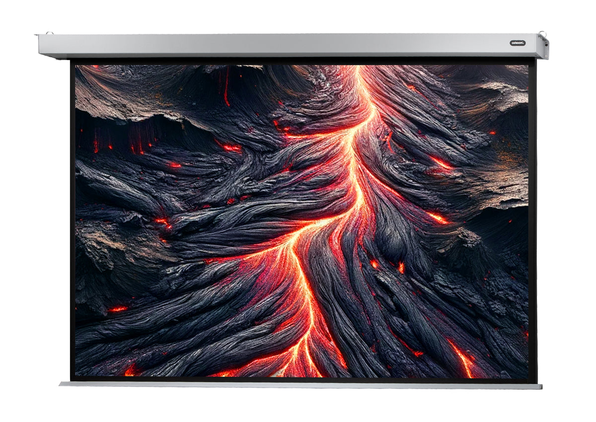 Frontal view of the celexon Projector screen Electric Professional Plus with a projection showing volcanic rock with lava