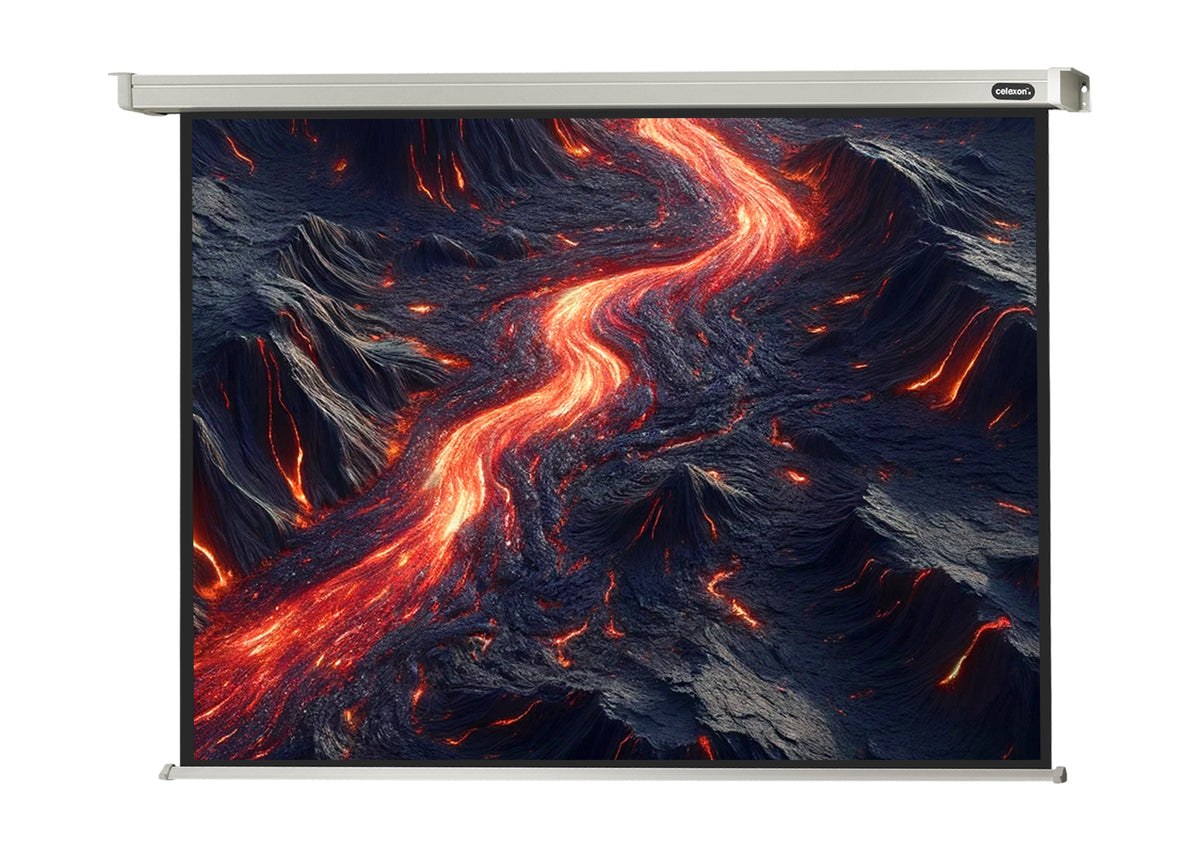 Frontal view of the celexon Projector screen Electric Professional showing a projection of volcanic rock with lava 