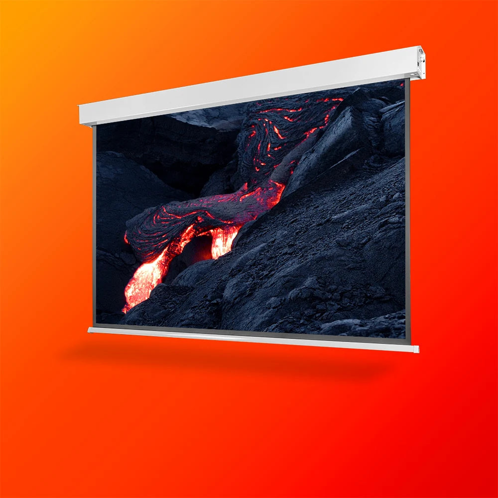 celexon Electric Projector Screen, with a projection showing volcanic rock with lava, placed on an orange background