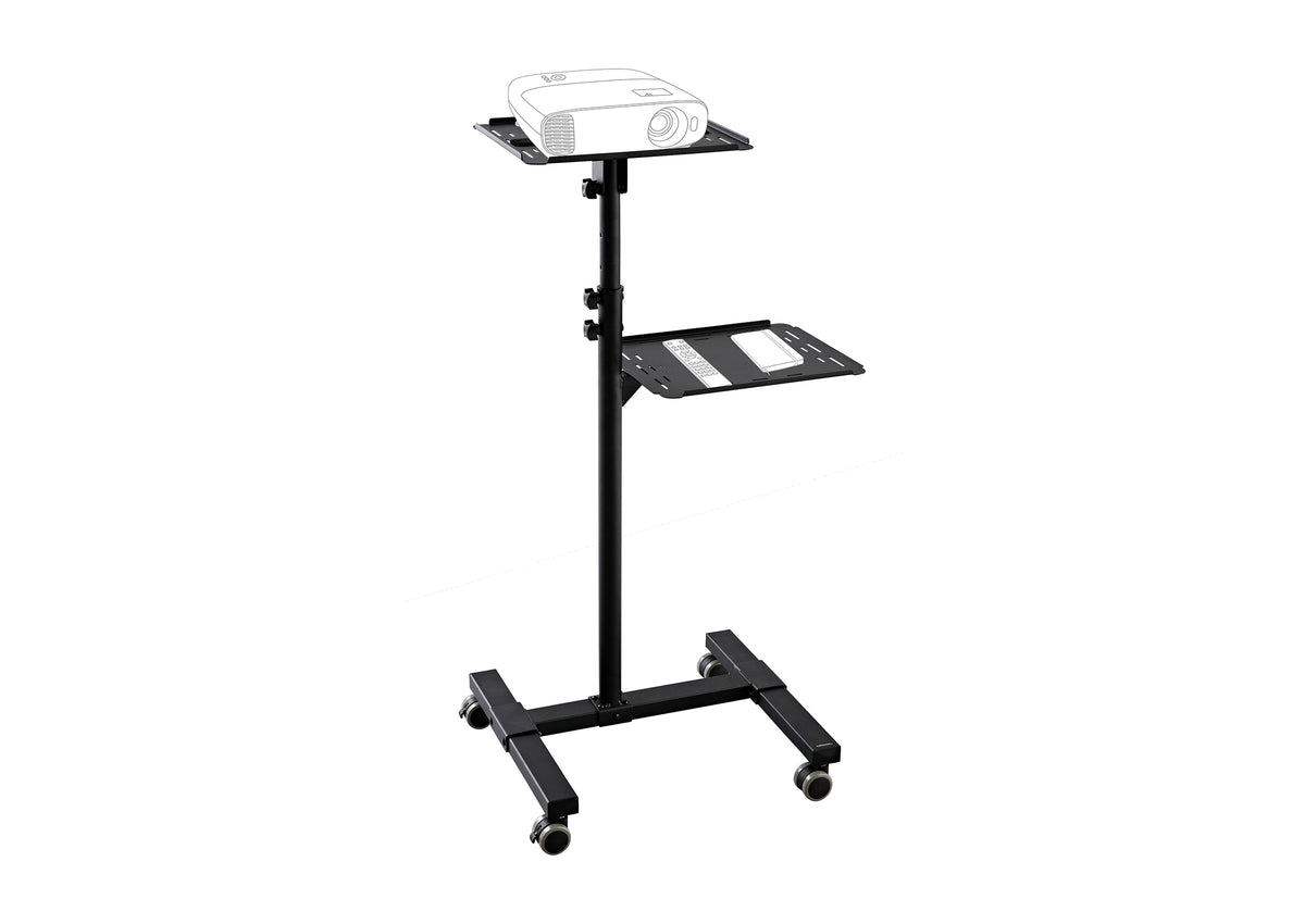 celexon projector table PT3020 with an indicated projector, remote controla and notebook