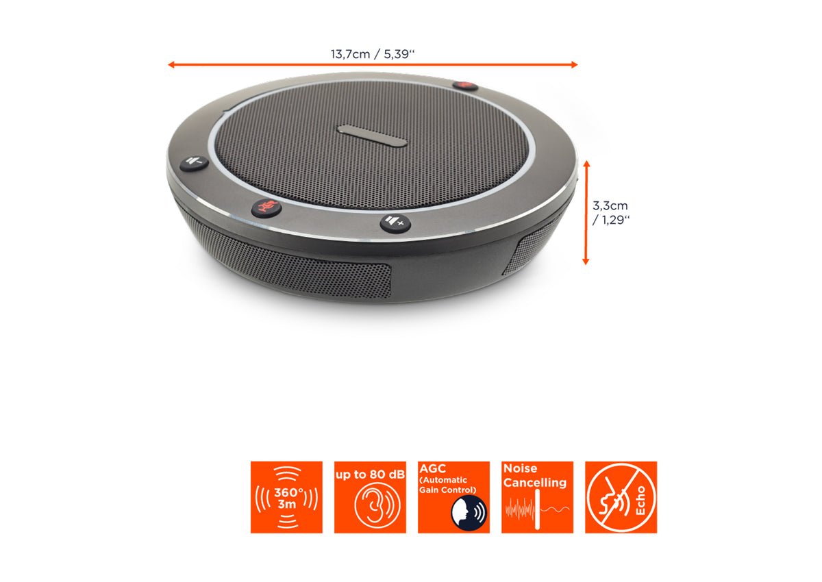 celexon PTZ Camera Full HD Video Conference System VKS2040 microphone with dimensions indicated and technical specs shown as orange icons