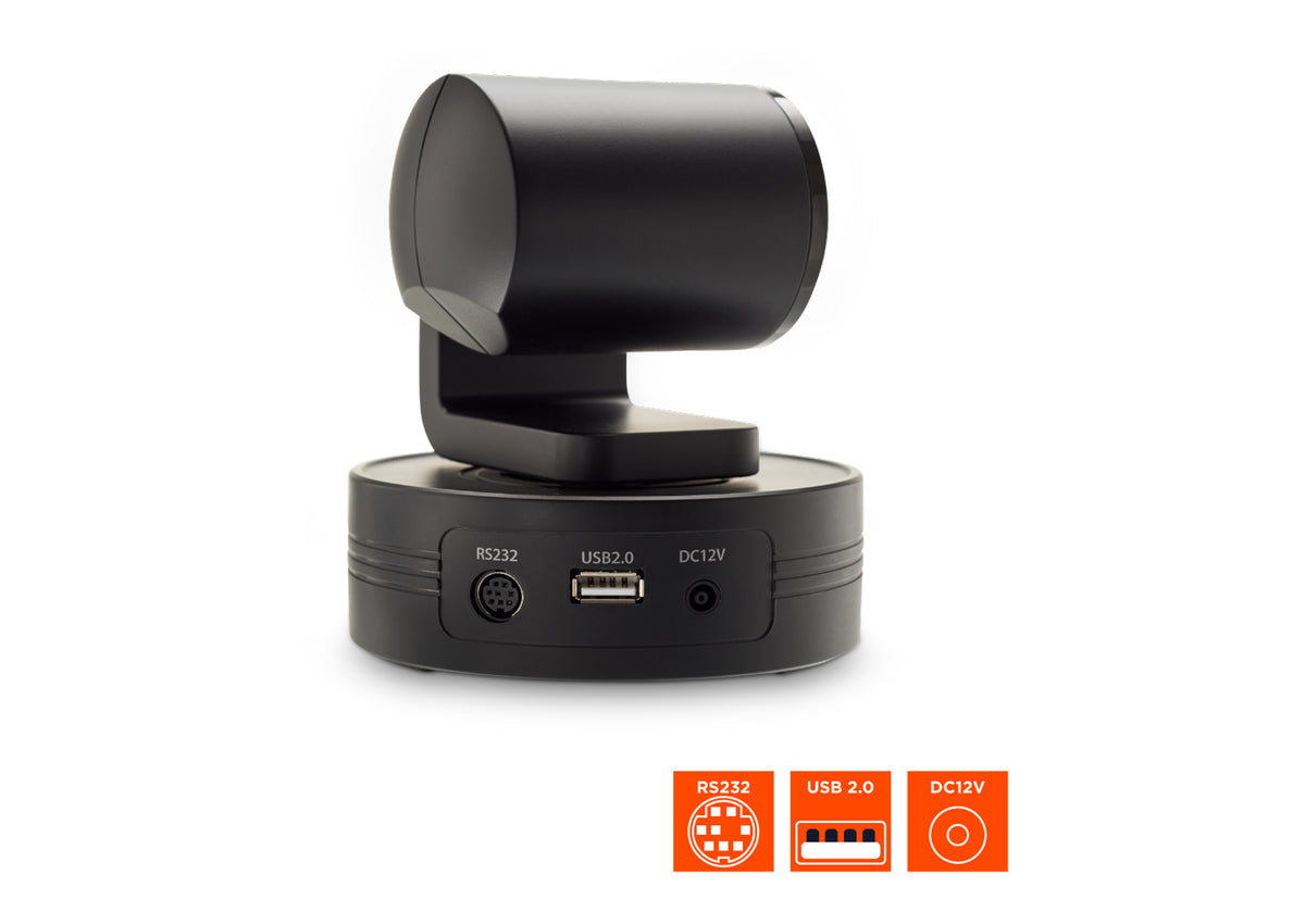 Rear side view of the celexon PTZ Camera with focus on the connections and technical specs shown as orange icons