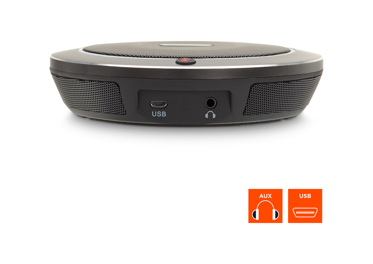 Frontal view of the celexon PTZ Camera Full HD Video Conference System VKS2040 microphone with technical specs shown as orange icons