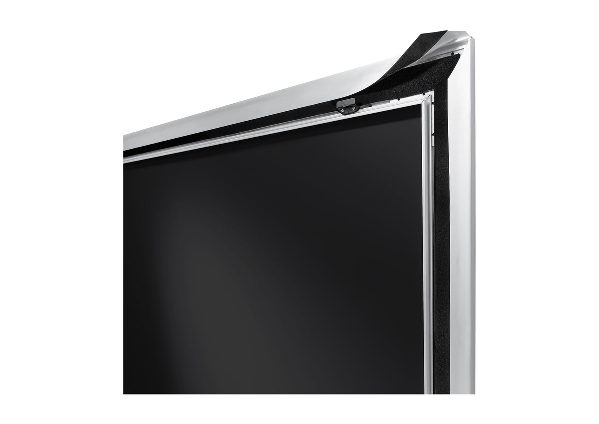 Rear view of a close-up of the celexon Expert Fixed Frame Projector screen PureWhite showing how the fabric is mounted 