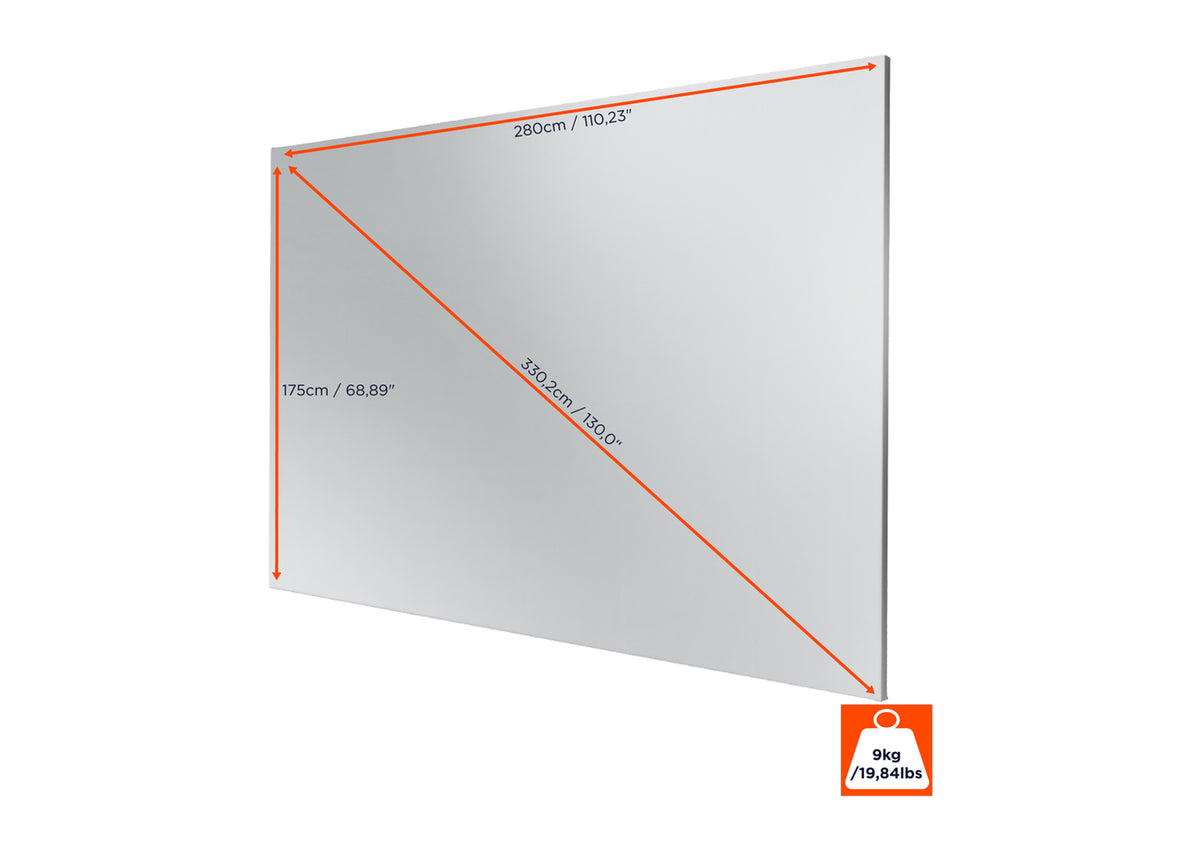 Frontal angled view of the celexon Expert Fixed Frame Projector screen PureWhite without projection, but with screen dimensions indicated 