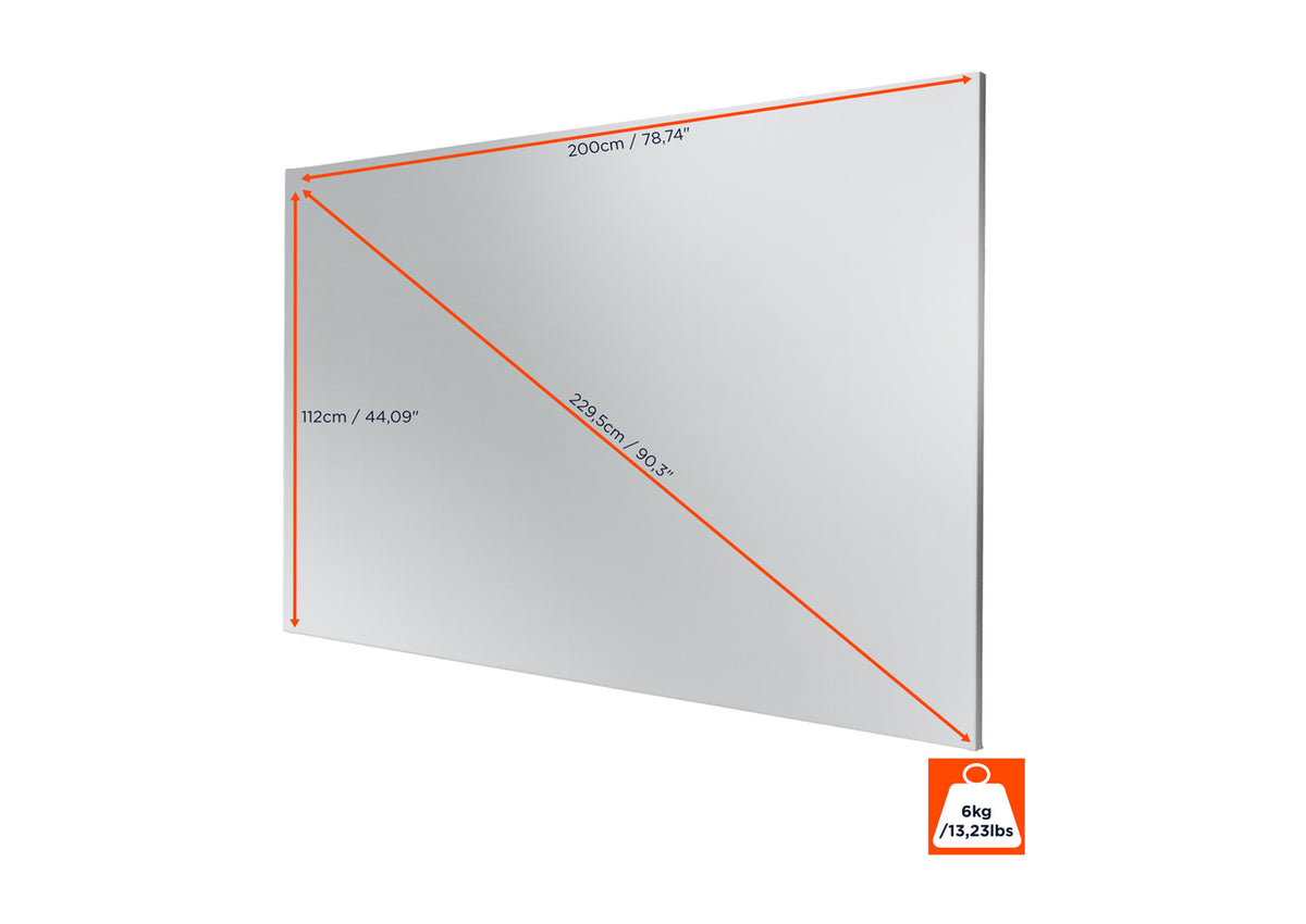 Frontal angled view of the celexon Expert Fixed Frame Projector screen PureWhite without projection, but with screen dimensions indicated 