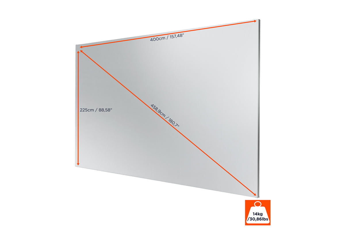 Frontal angled view of the celexon Expert Fixed Frame Projector screen PureWhite without projection, but with screen dimensions indicated 