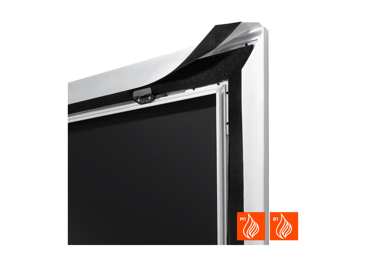 Rear view of a close-up of the celexon Expert Fixed Frame Projector screen PureWhite showing how the fabric is mounted 