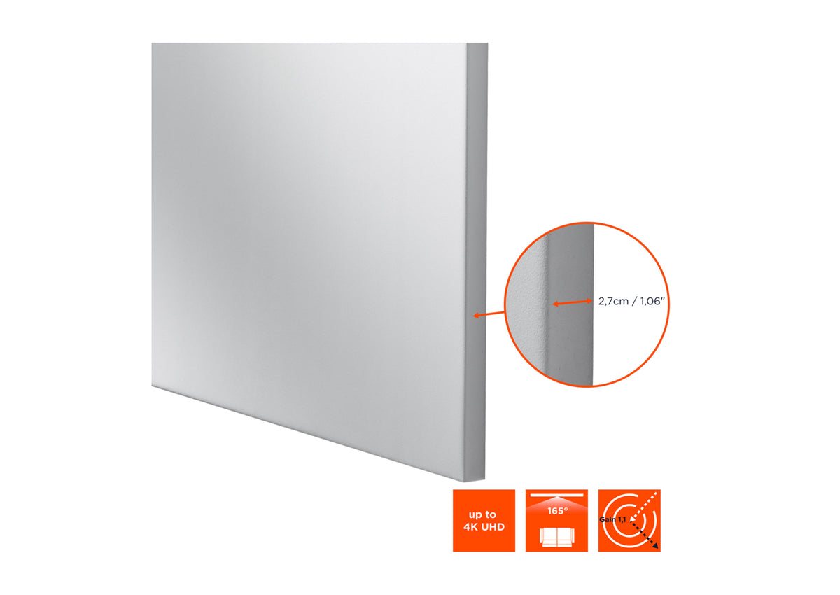 Frontal angled view of the celexon Expert Fixed Frame Projector screen PureWhite with a close-up of the frame dimensions and technical specs as orange icons below