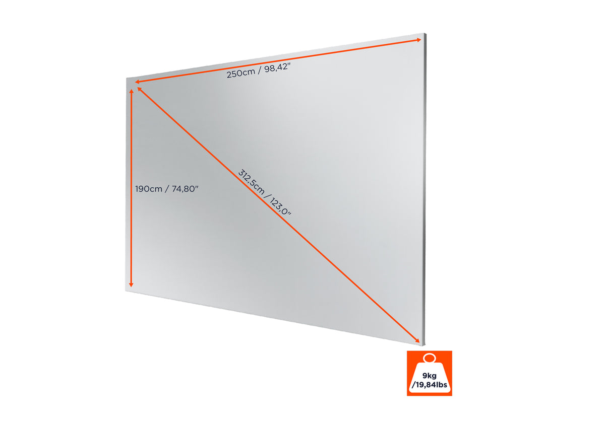 Frontal angled view of the celexon Expert Fixed Frame Projector screen PureWhite without projection, but with screen dimensions indicated 