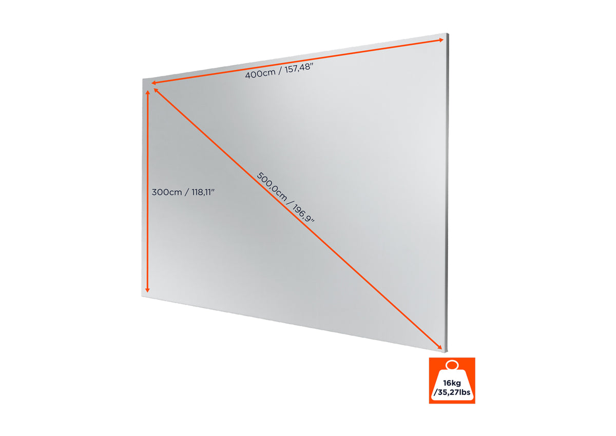Frontal angled view of the celexon Expert Fixed Frame Projector screen PureWhite without projection, but with screen dimensions indicated 
