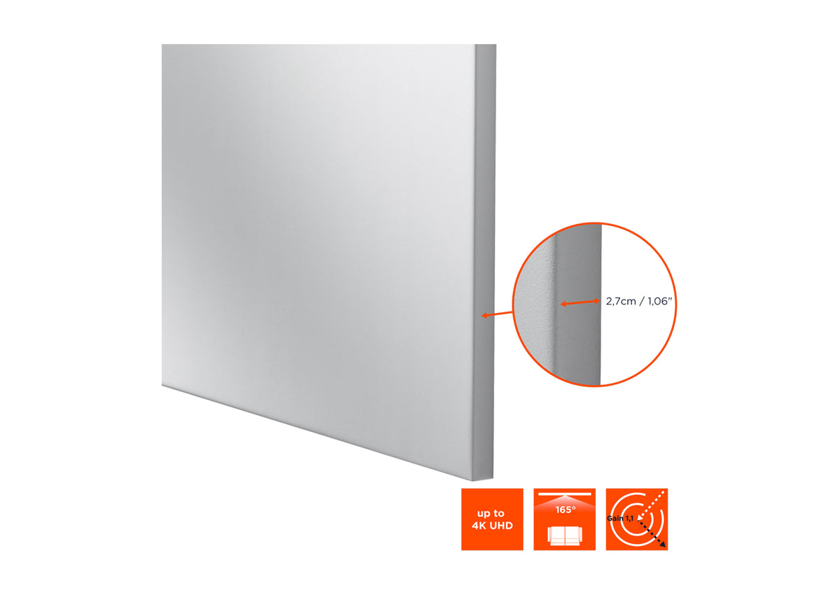Frontal angled view of the celexon Expert Fixed Frame Projector screen PureWhite with a close-up of the frame dimensions and technical specs as orange icons below