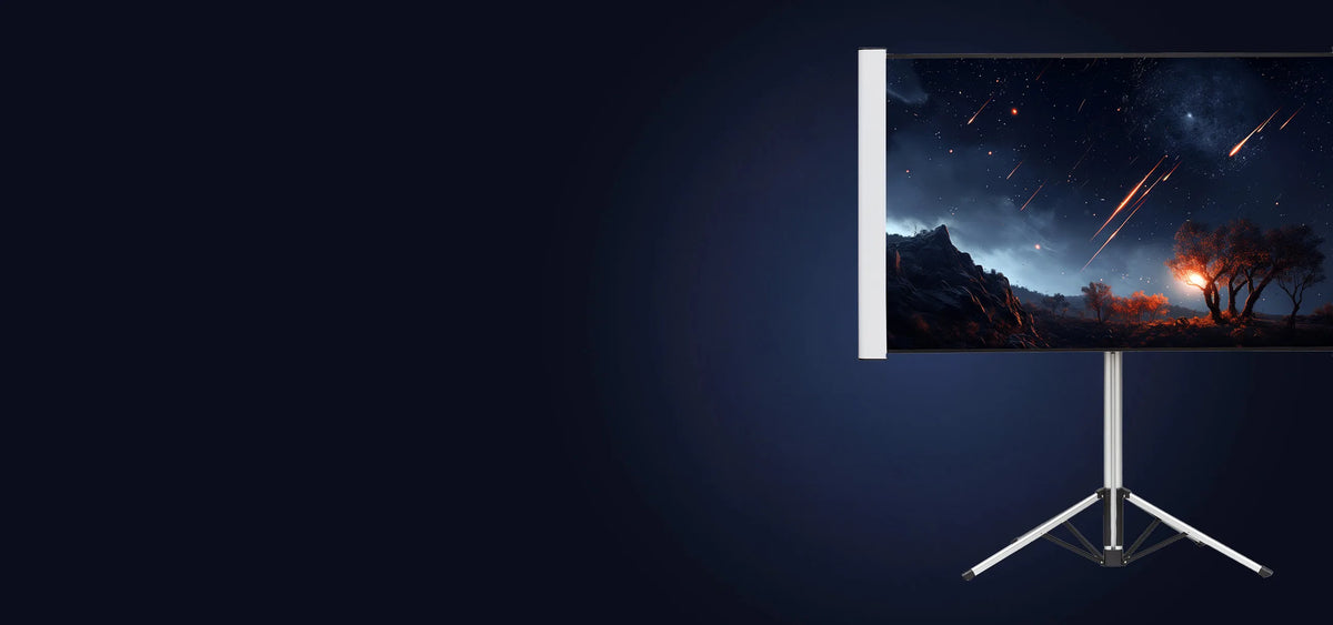 celexon Dual Format Tripod Screen Mobile Expert on a dark blue background showing a projection with glowing meteors and stars in the dark night sky 