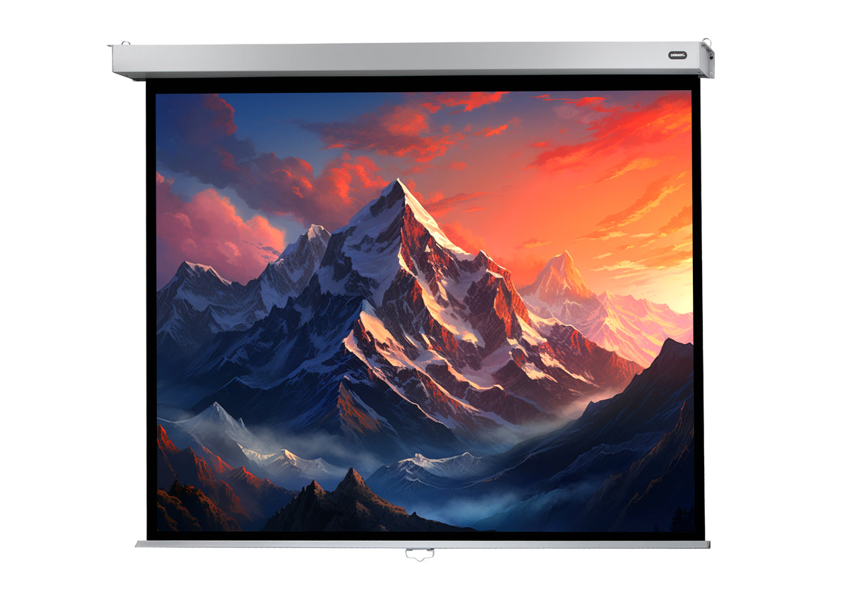 Frontal view of the celexon Projector screen Manual Professional Plus with a projection showing a Icy mountain landscape