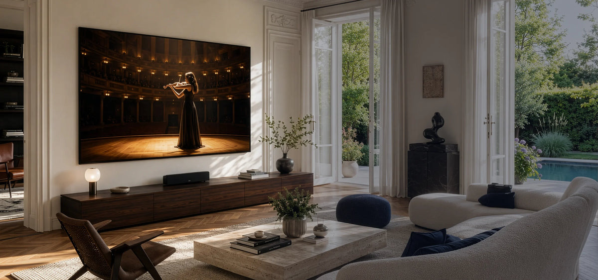 An elegant living room featuring a celexon SoundVision fixed-frame projection screen displaying a violinist in an illuminated concert hall. Below it is a long wooden sideboard with a soundbar and decorative home accessories.