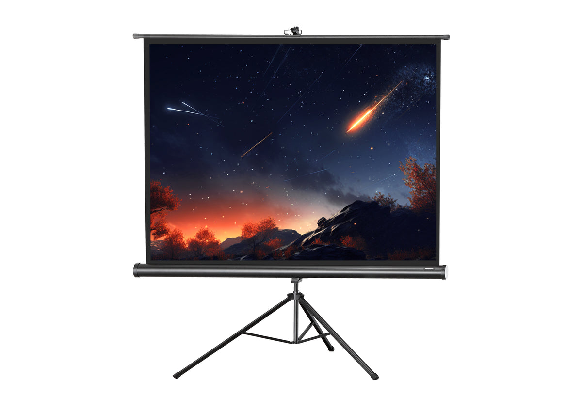 Front view of the celexon Tripod Economy Projector Screen showing a projection with glowing meteors and stars in the dark night sky