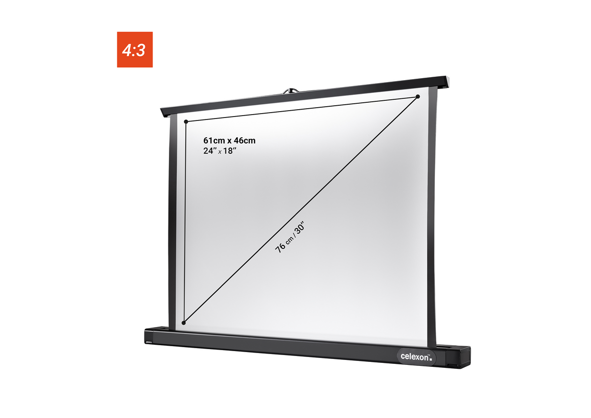Front view of the celexon Professional Mini tabletop screen without projection, but with the screen dimensions indicated.