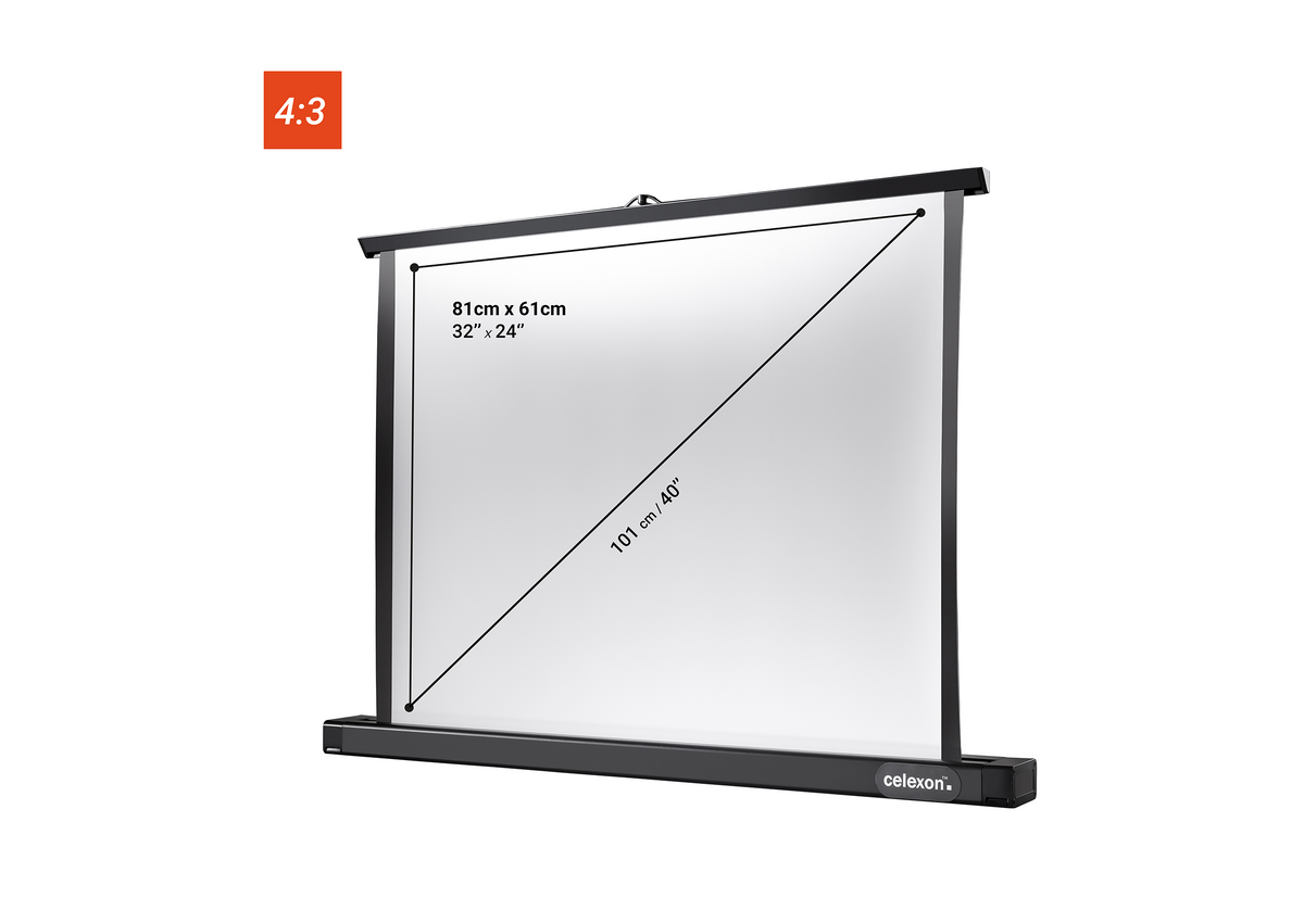 Front view of the celexon Professional Mini tabletop screen without projection, but with the screen dimensions indicated.