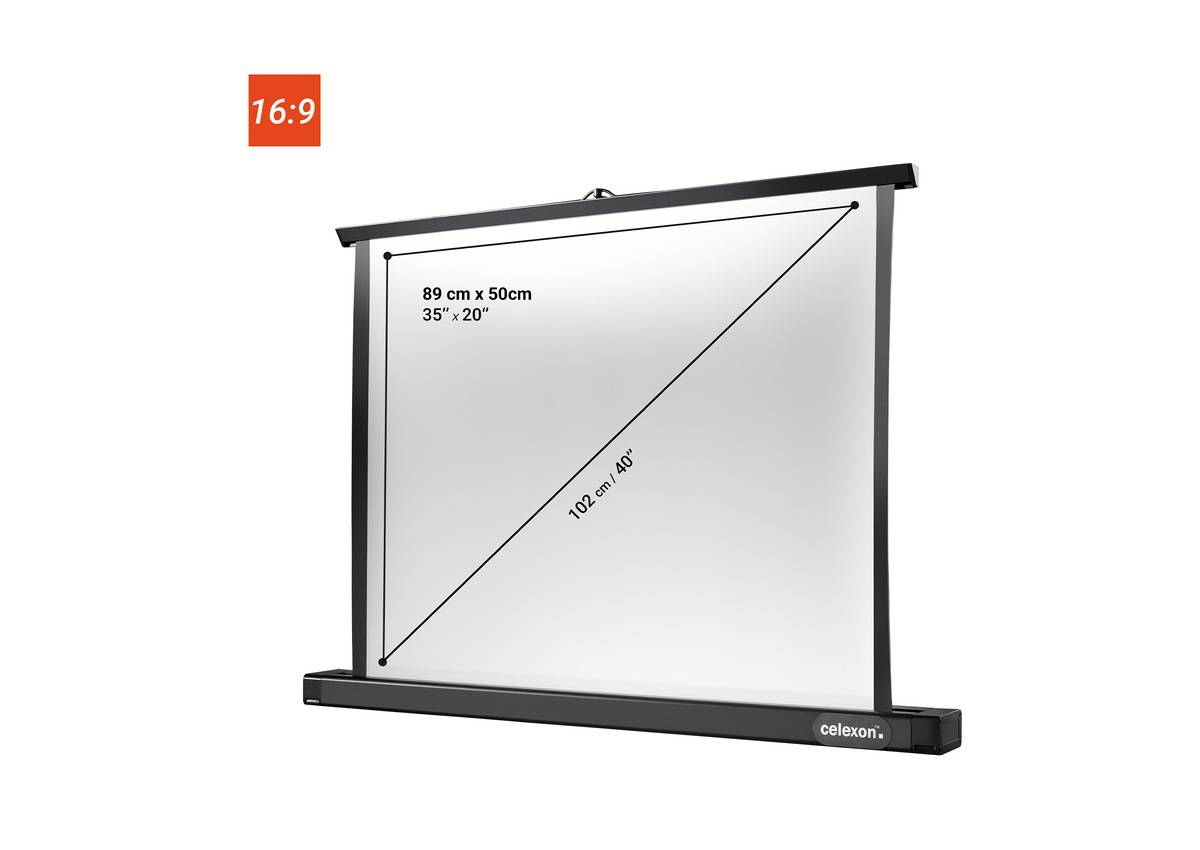 Front view of the celexon Professional Mini tabletop screen without projection, but with the screen dimensions indicated.