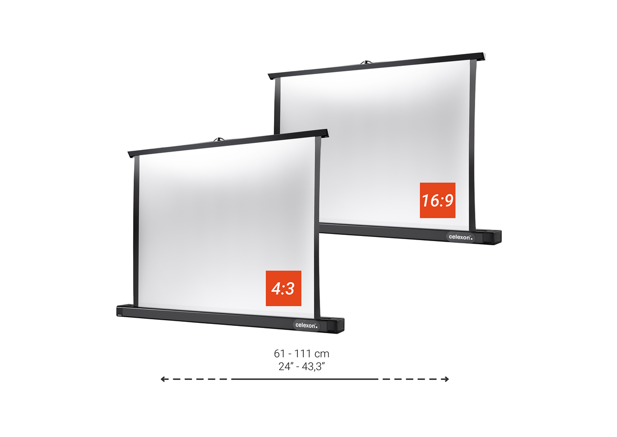 Two portable projection screens side by side, one in 4:3 format and one in 16:9 format, each with a black frame and pull-up housing; below them, an indication of the adjustable height of 61–111 cm (24–43.3 inches).