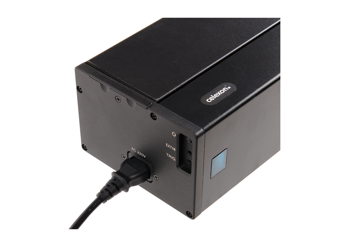 Close-up of the left side view of the celexon UST High Contrast Electric Floor Projector Screen - Expert. Power connection, control buttons, IR, and trigger ports are visible.