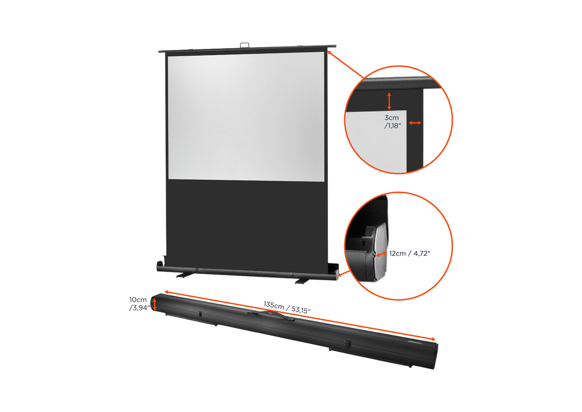 Frontal angled view of the celexon Projector Screen Ultramobile plus Professional without projection but with a close up of the border and housing, and the folded up screen below