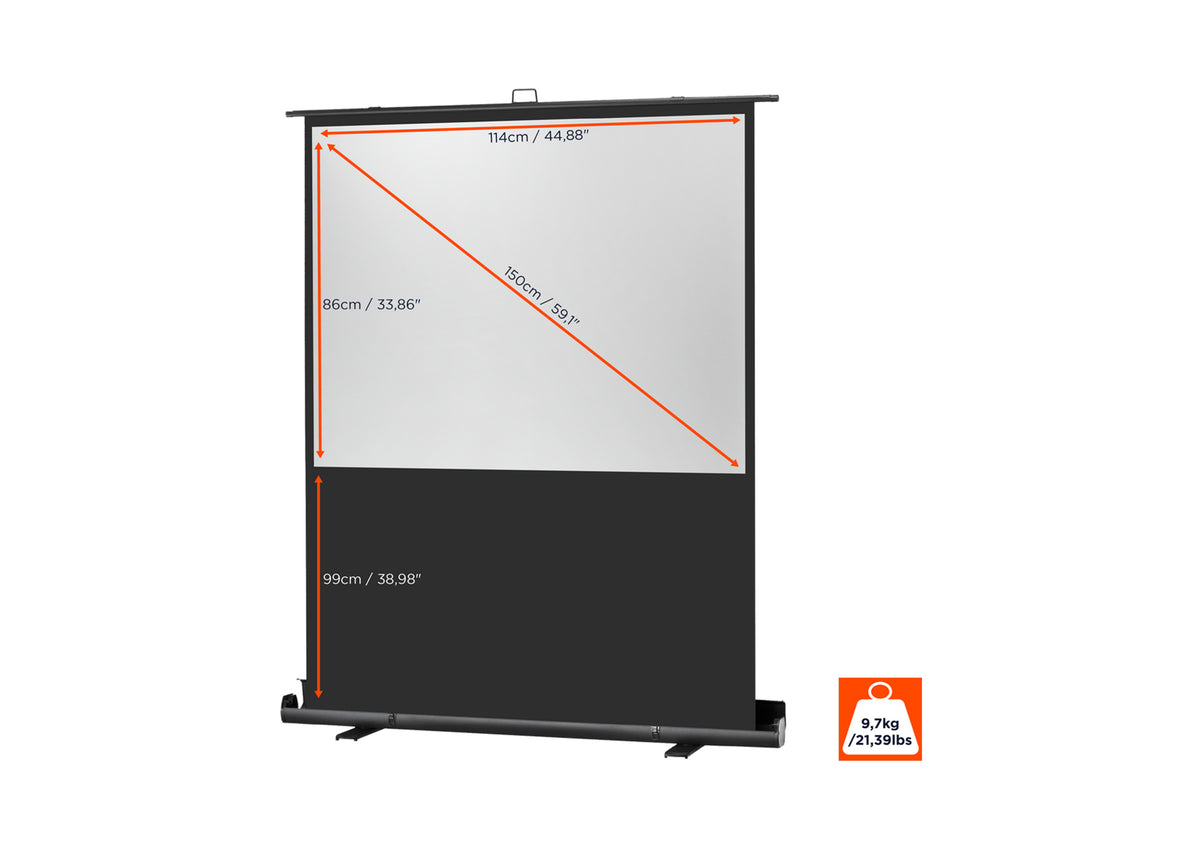 Frontal angled view of the celexon Projector Screen Ultramobile plus Professional without projection but with screen dimensions indicated