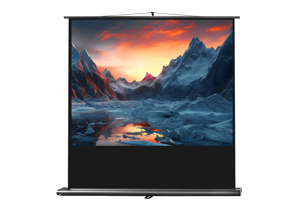Frontal view of the celexon Projector Screen Ultramobile Professional with a projection showing a Icy mountain landscape