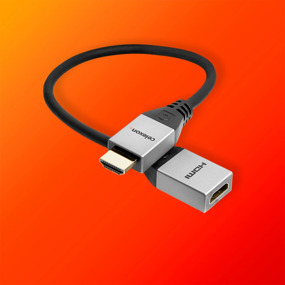 celexon HDMI M/F Adapter with Ethernet - 2.0a/b 4K 0.25m - Professional Line arranged in loops on an orange background