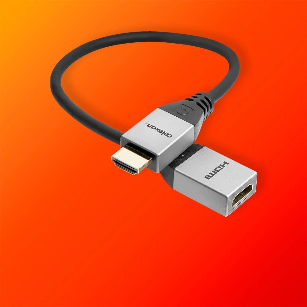 celexon HDMI M/F Adapter with Ethernet - 2.0a/b 4K 0.25m - Professional Line arranged in loops on an orange background