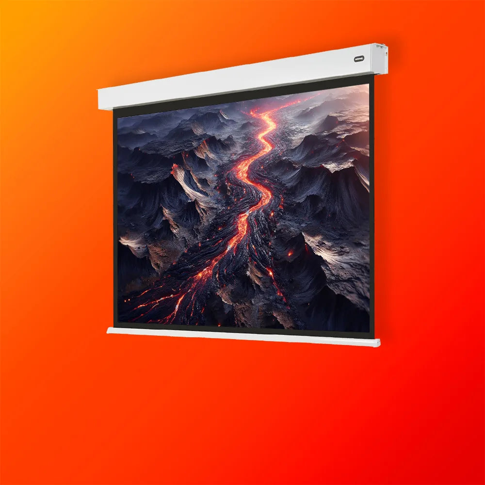 celexon electric Projector Screen showing a projection of volcanic rock with lava, placed on an orange background