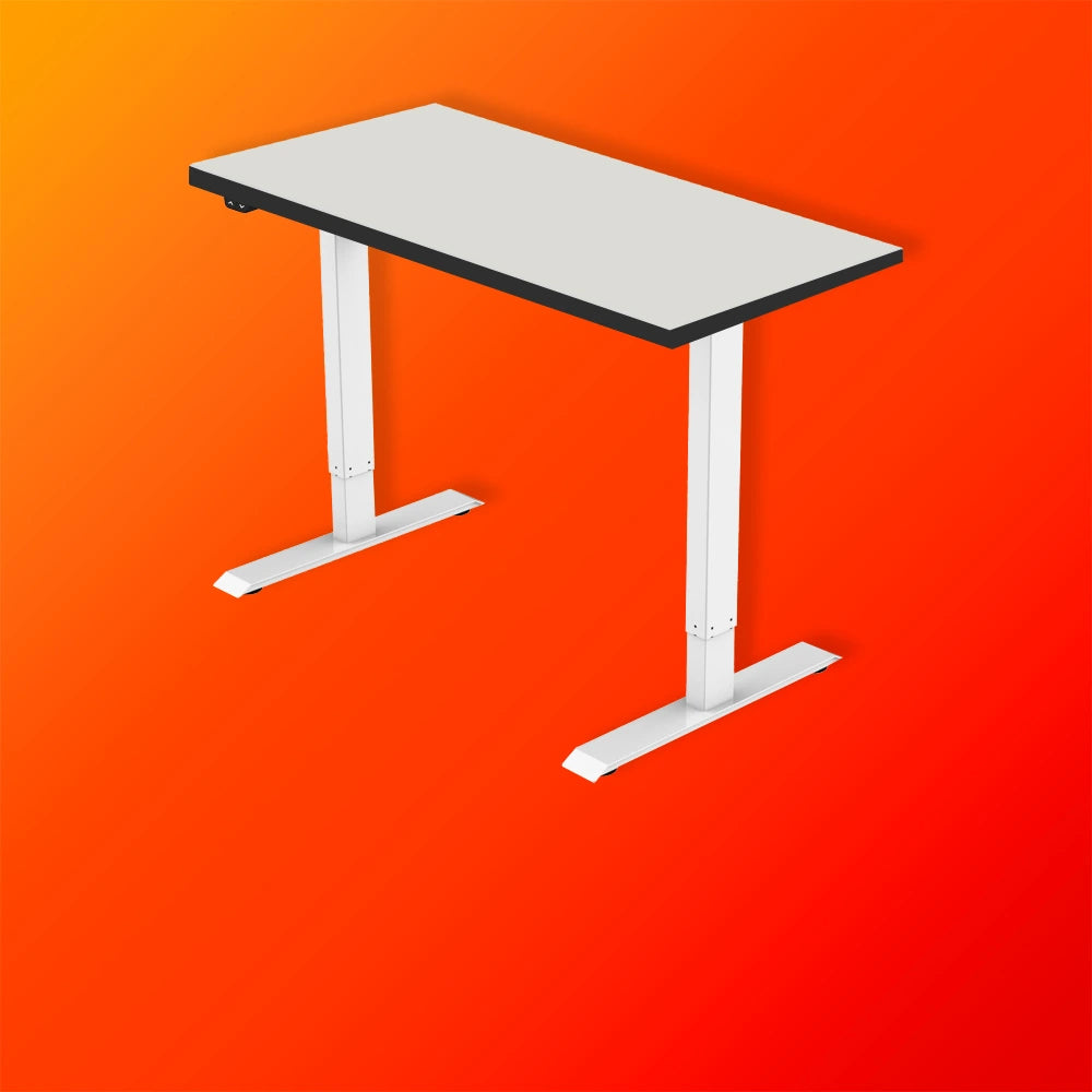 Frontal side view of the celexon electric height adjustable desk Economy eAdjust-71121 in white incl. HPL tabletop