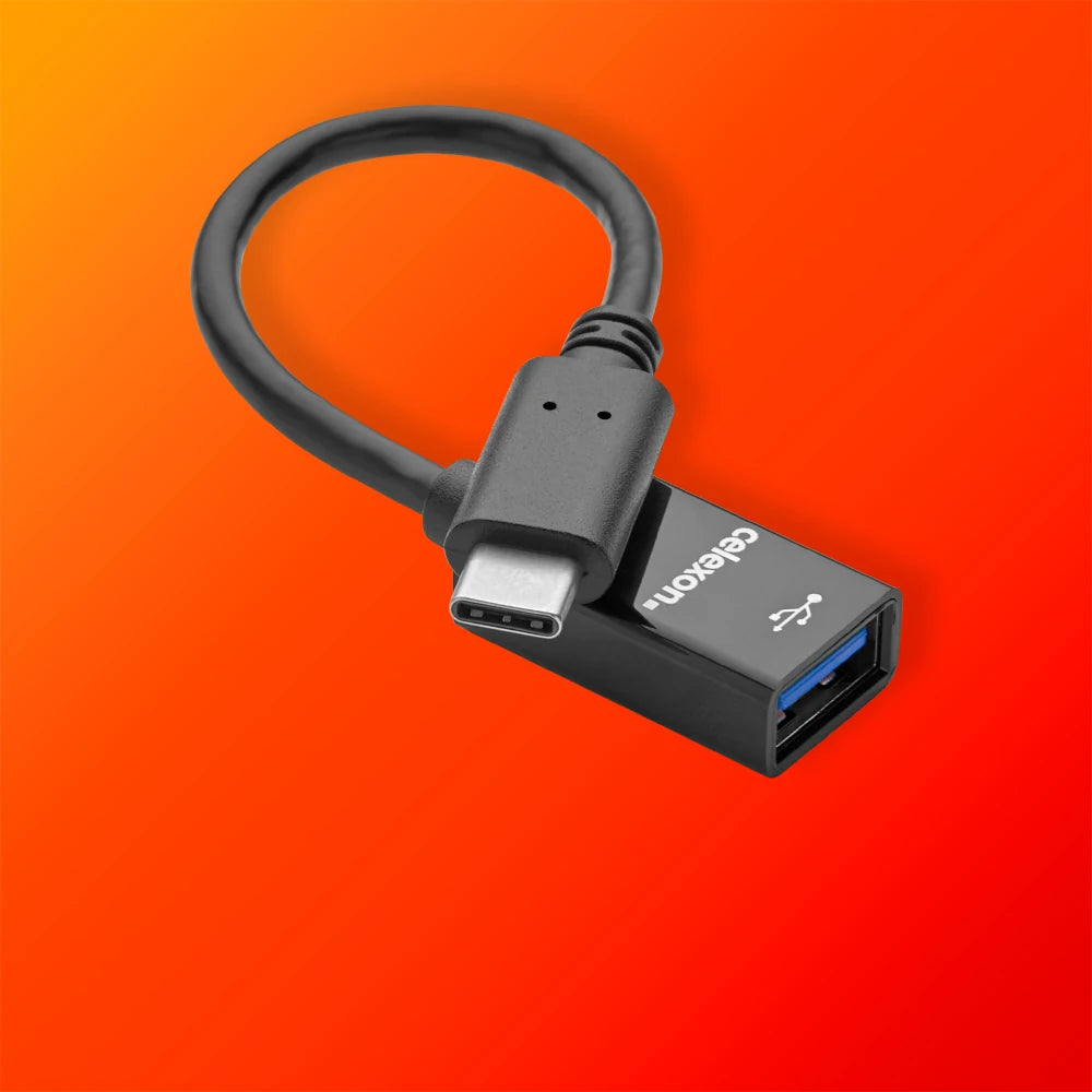 USB adapter arranged in loops on an orange background