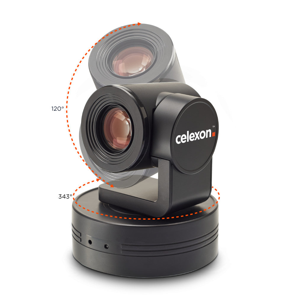 Frontal side view of the celexon PTZ Camera with indicated rotation possibilities 