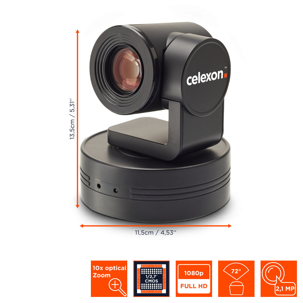 celexon PTZ Camera Full HD Video Conference System VKS2040 camera with dimensions indicated and technical specs shown as orange icons