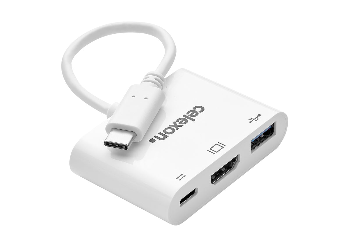 celexon USB-C to HDMI - USB-A - USB-C M/F Multiport Adapter, white arranged in loops