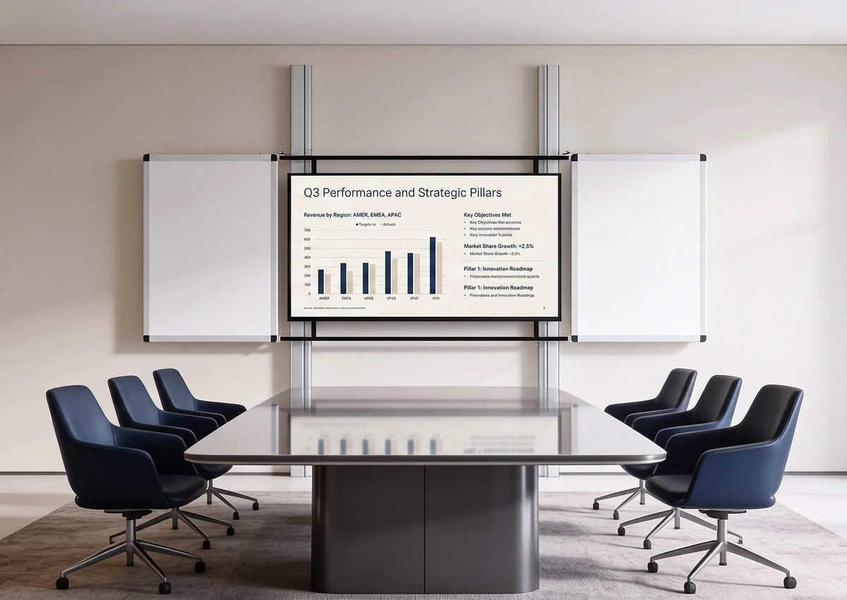 A premium conference room featuring an interactive whiteboard system shown from the front. The central display presents a clean, minimalist business presentation, flanked by two whiteboards. Light-colored materials, subtle tones, and soft natural daylight create an elegant, high-end atmosphere with a clear focus on the product.