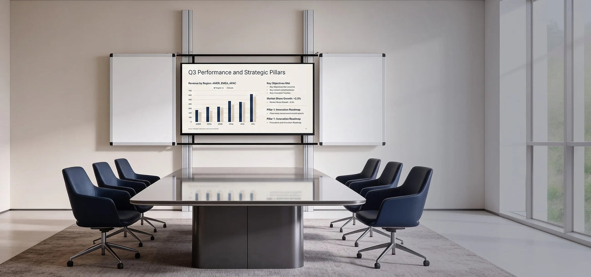 A premium conference room featuring an interactive whiteboard system shown from the front. The central display presents a clean, minimalist business presentation, flanked by two whiteboards. Light-colored materials, subtle tones, and soft natural daylight create an elegant, high-end atmosphere with a clear focus on the product.