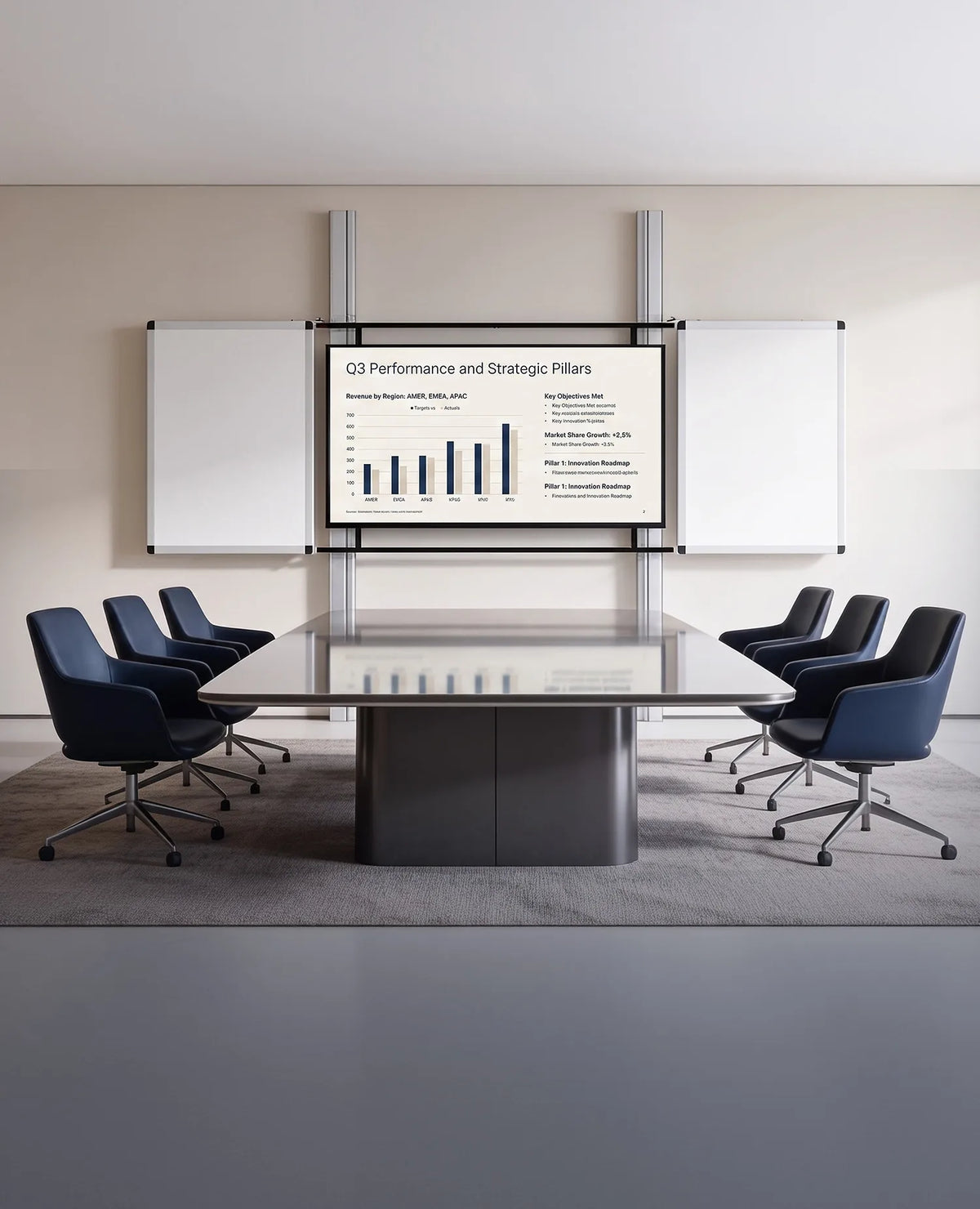 A premium conference room featuring an interactive whiteboard system shown from the front. The central display presents a clean, minimalist business presentation, flanked by two whiteboards. Light-colored materials, subtle tones, and soft natural daylight create an elegant, high-end atmosphere with a clear focus on the product.